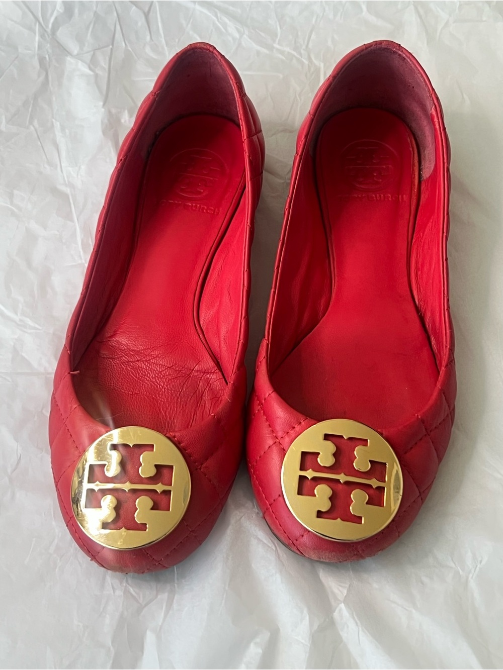 Tory Burch Red QUINN Quilted Ballet Flats with Gold Logo
